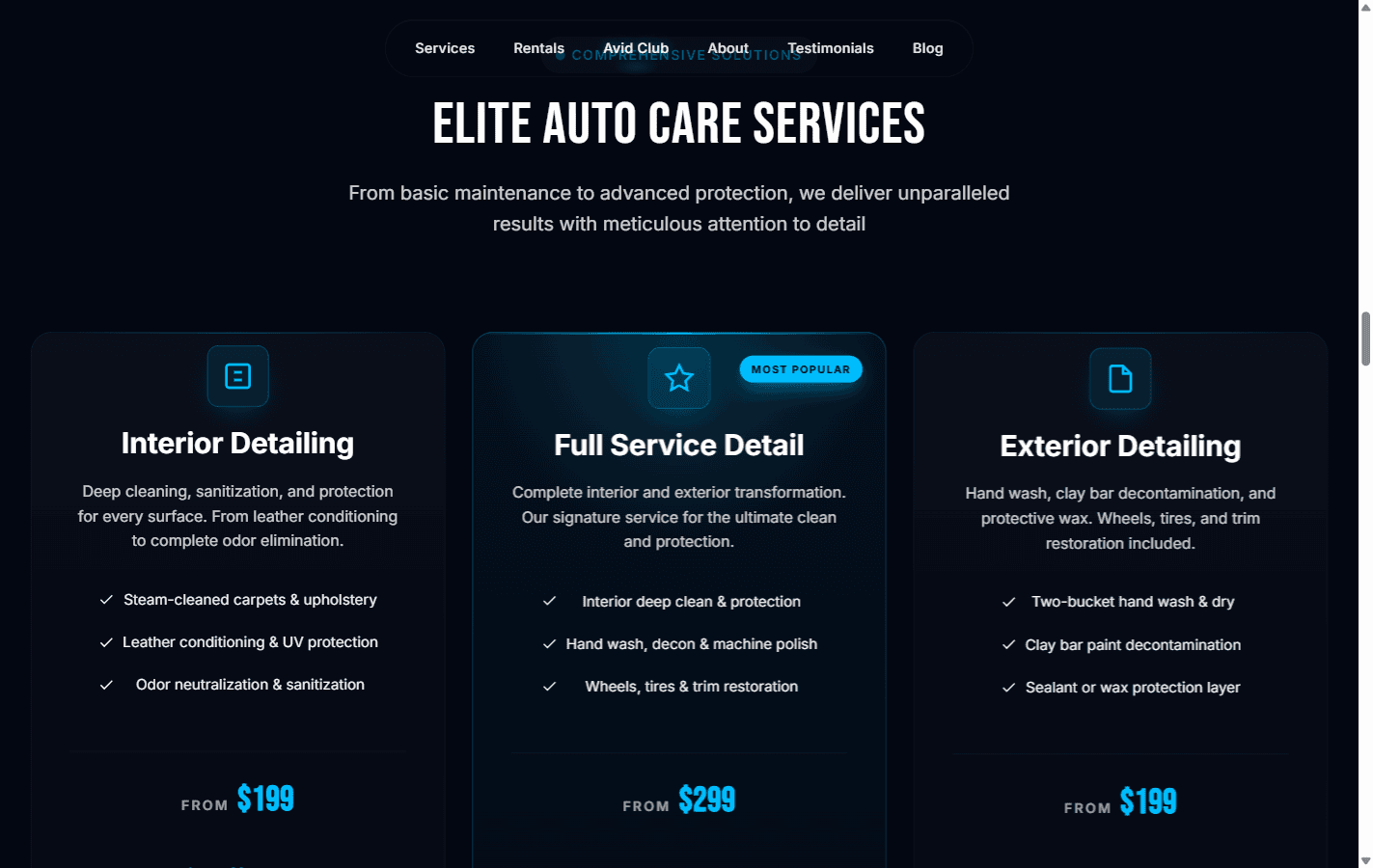 Avid Auto Detailing services and pricing section