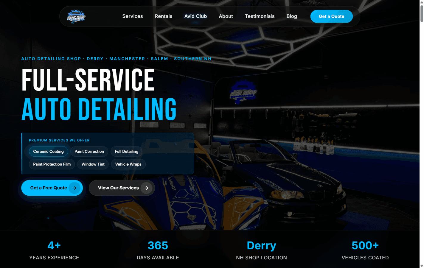 Avid Auto Detailing homepage with a dark, photography-led hero and a get-a-quote flow