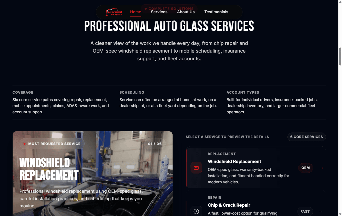 Discount Auto Glass NH service explorer covering replacement, repair, mobile service, ADAS, insurance, and fleet work