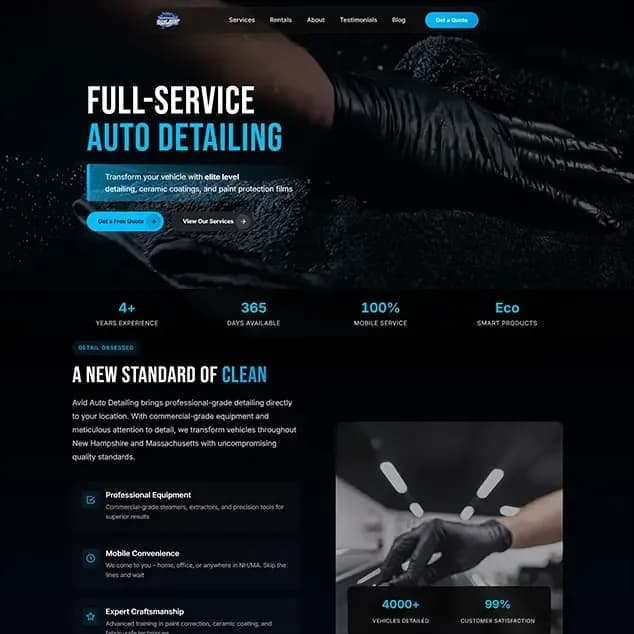 Avid Auto Detailing site presented in a device mockup