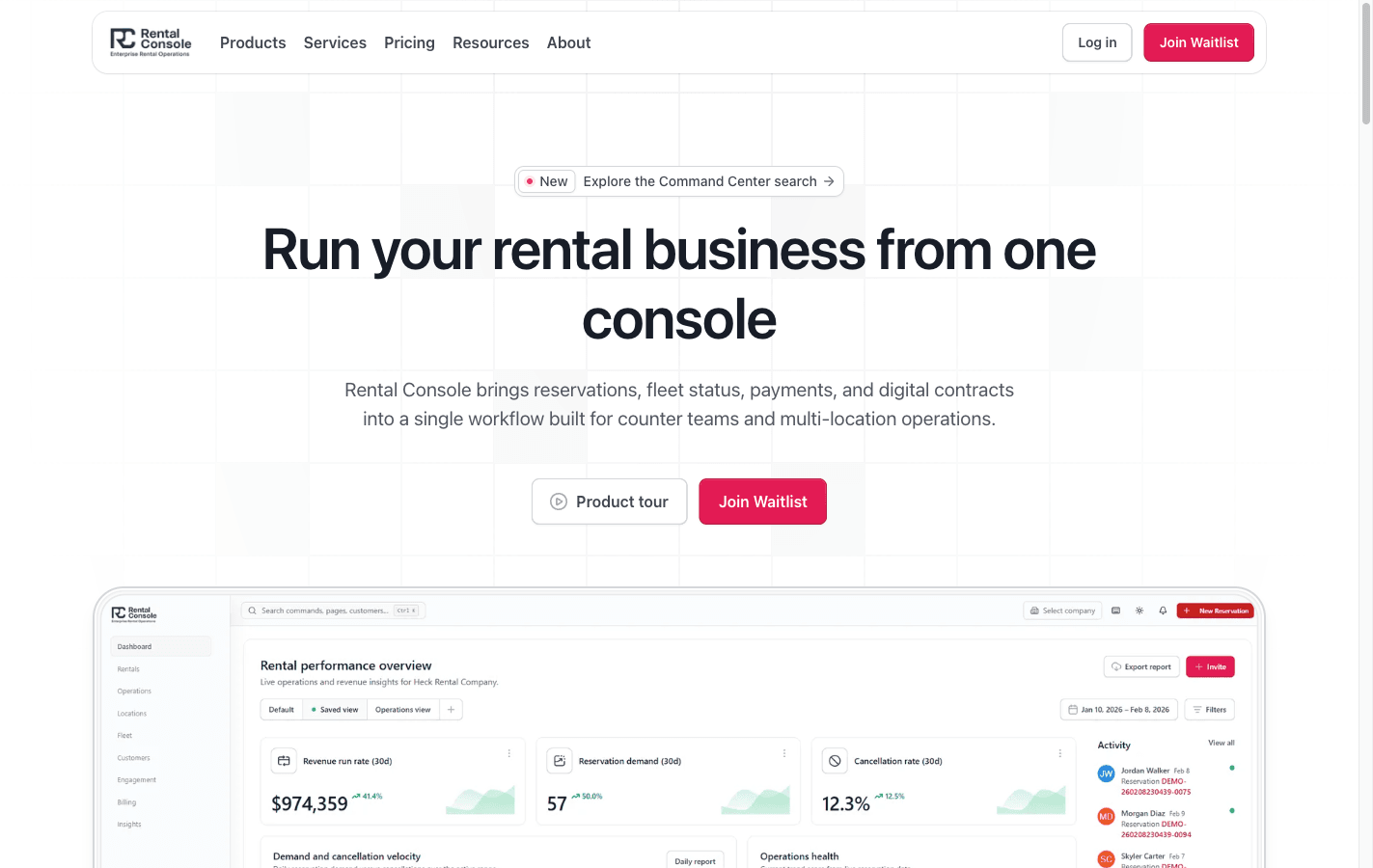 Rental Console homepage with the headline “Run your rental business from one console” above a live operations dashboard preview