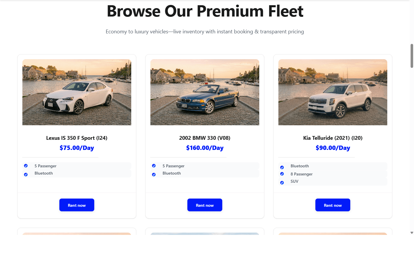 Vorenza Rentals fleet and booking section