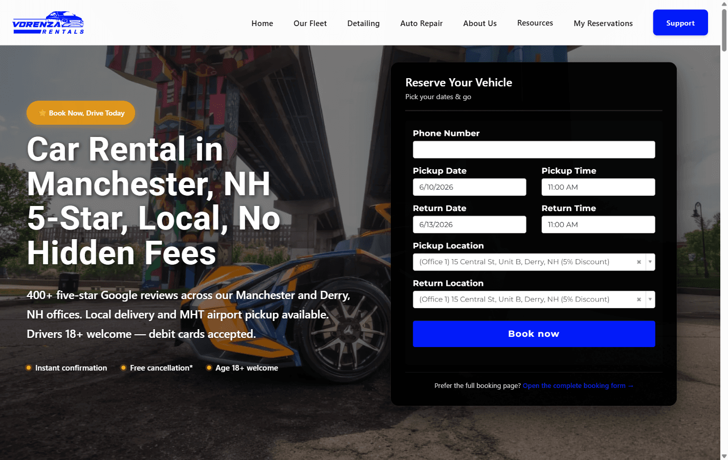 Vorenza Rentals homepage with a bold hero, premium vehicle photography, and a browse-fleet flow