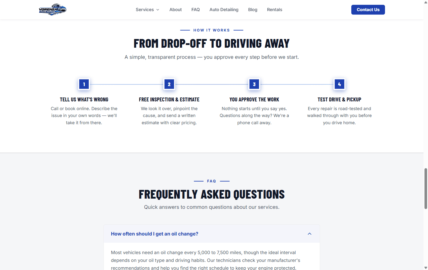 Vorenza Auto Repair four-step process section, from drop-off to driving away