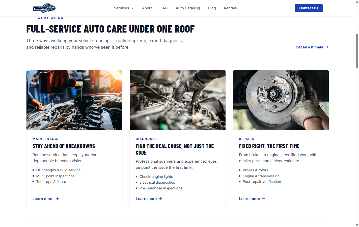 Vorenza Auto Repair services section covering maintenance, diagnosis, and repairs